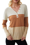 Orange Striped Color Block Henley Top-Tops-MomFashion