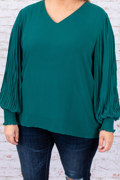 Green Pleated Bubble Sleeve Plus Size Blouse-Plus Size-MomFashion