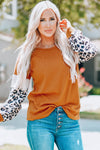 Brown Leopard Sequin Patchwork Long Sleeve Top-Tops-MomFashion