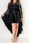 Black Plus Size Sheer Lace Splice High Low Satin Dress-Plus Size-MomFashion