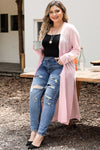 Pink Sheer Knitted Long Side Slit Plus Size Cardigan-Plus Size-MomFashion