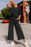 Black Textured Loose Fit T Shirt and Drawstring Pants Set-Loungewear-MomFashion