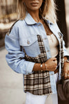 Sky Blue Plaid Patchwork Raw Hem Denim Jacket-Outerwear-MomFashion