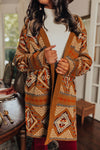 Brown Aztec Geometric Knit Open Front Cardigan-Tops-MomFashion