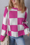 Bright Pink Checkered Round Neck Baggy Sweater-Tops-MomFashion