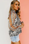 Bright White Abstract Print Flounce Sleeve Tasseled V Neck Blouse-Tops-MomFashion