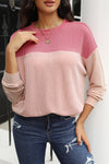 Pink Color Block Long Sleeve Ribbed Loose Top-Tops-MomFashion