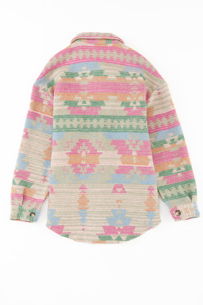 Multicolor Western Aztec Print Button Flap Pocket Shacket-Outerwear-MomFashion