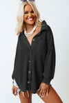 Black Waffle Knit Button Up Casual Shirt-Tops-MomFashion