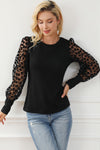 Black Leopard Mesh Puff Sleeve Patchwork Slim Fit Top-Tops-MomFashion