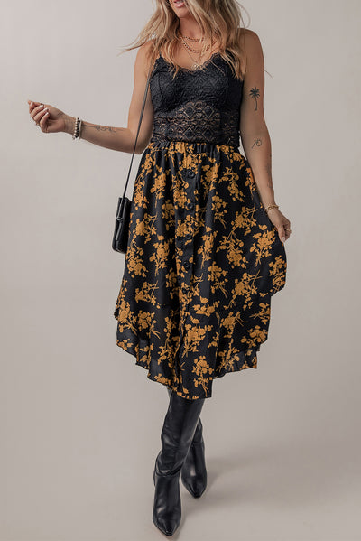 Black Printed Elastic Waist Button Decor Floral Ruffle Skirt-Bottoms-MomFashion