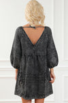 Black Pleated V Neck Puff Sleeve Denim Babydoll Dress-Dresses-MomFashion