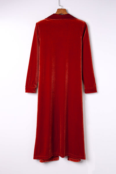 Fiery Red Velvet Open Front Pocketed Long Duster-Tops-MomFashion