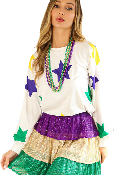 White Mardi Gras Star Printed Long Sleeve Top-Tops-MomFashion