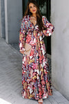 Violet V Neck Floral Print Empire Waist Maxi Dress-Dresses-MomFashion