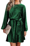 Green Tie Waist Crinkle Velvet Dress-Dresses-MomFashion