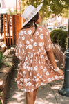 Khaki V Neck Floral Babydoll Dress with Pockets-Dresses-MomFashion