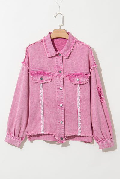 Pink Lace Patchwork Distressed Buttoned Denim Jacket-Outerwear/Denim jackets-MomFashion