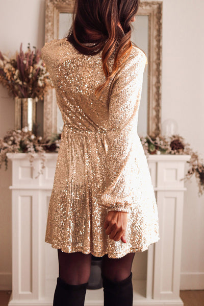 Apricot Wrapped V-neck Sequin Dress-Dresses-MomFashion