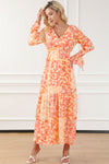 Orange Boho Floral Wrap V Neck Tie Long Sleeve Dress-Dresses-MomFashion