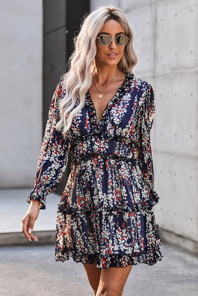 Blue Ruffle Detailing Open Back Floral Dress-Dresses-MomFashion