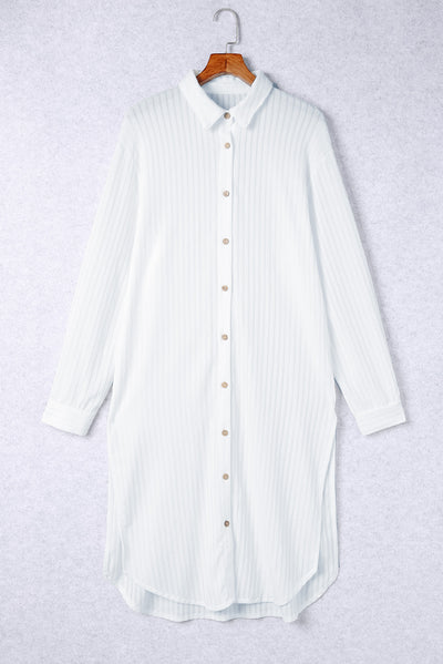 White Striped Crinkle Button Front Cover Up Shirt Dress-Swimwear-MomFashion