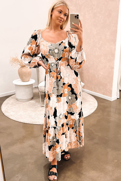 Tie Waist Puff Sleeve Bold Floral Maxi Dress-Dresses-MomFashion