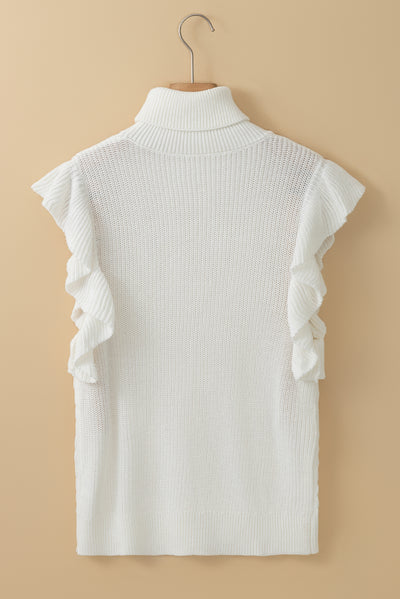 White Turtle Neck Short Sleeve Cable Knit Ruffled Sweater-Tops-MomFashion