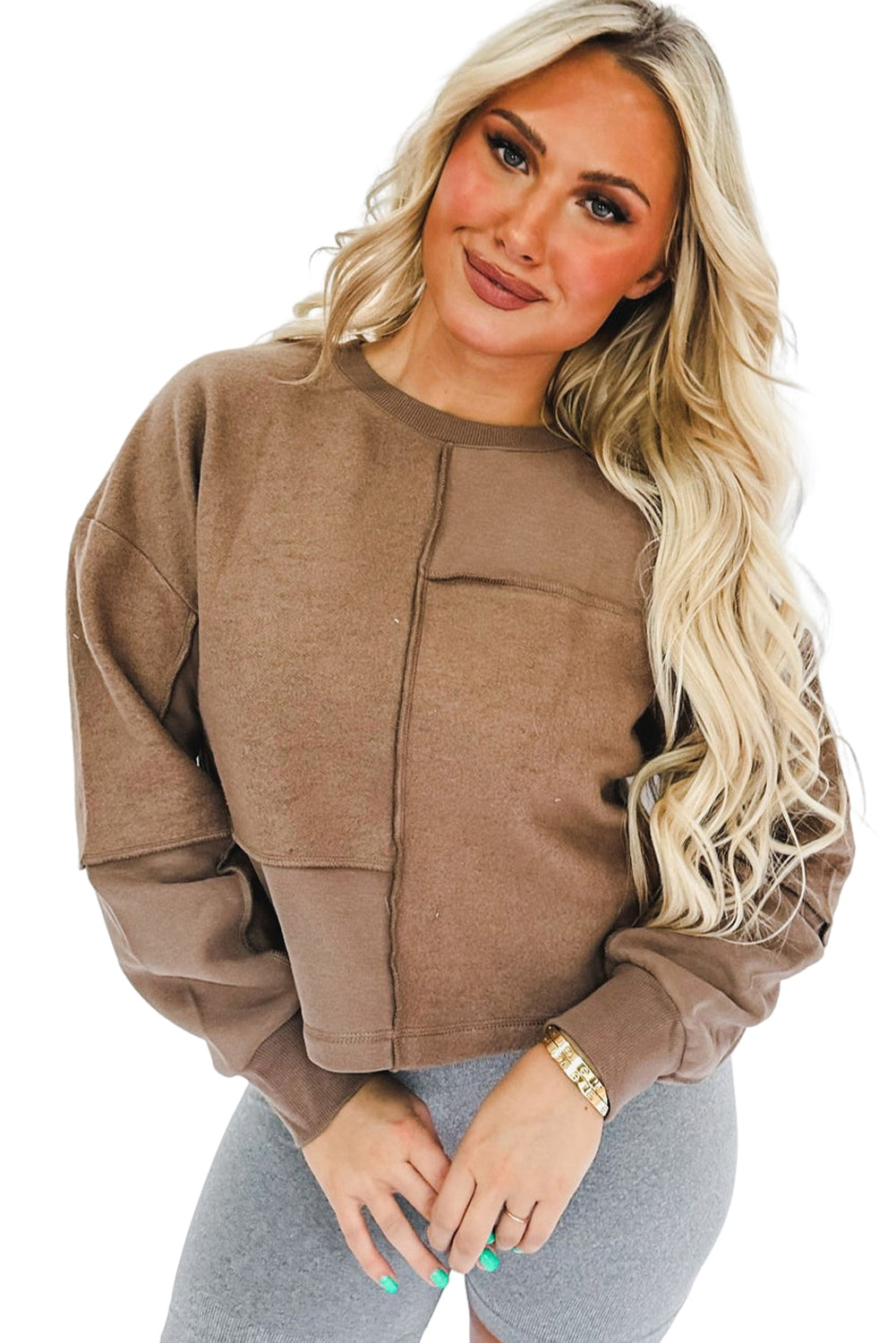 Coffee Solid Exposed Seam Pullover Sweatshirt-Tops-MomFashion