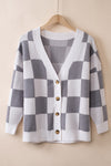 Gray Contrast Checkered Print Button Up Sweater Cardigan-Tops-MomFashion