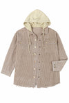 Khaki Patchwork Hooded Corduroy Shacket-Outerwear-MomFashion