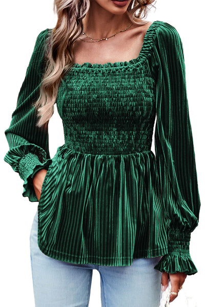 Blackish Green Smocked Ribbed Velvet Babydoll Top-Tops-MomFashion