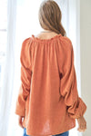 Orange Crinkle Textured Frill Split Neck Puff Sleeve Blouse-Tops-MomFashion