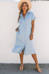 Sky Blue Chambray Shirt Short Sleeves Midi Dress-Dresses-MomFashion