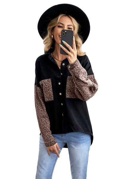 Black Contrast Leopard Denim Jacket-Outerwear-MomFashion