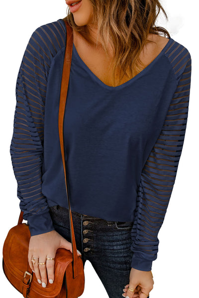 Blue Sheer Stripe V-Neck Top-Tops-MomFashion