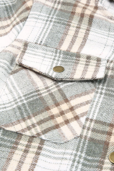 Gray Plaid Pattern Sherpa Lined Hooded Shacket-Outerwear-MomFashion