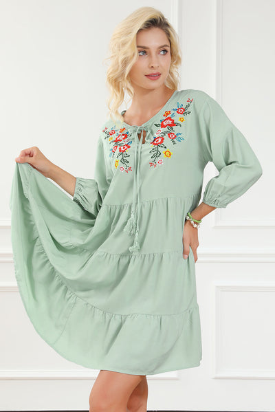 Green Floral Embroidery Tiered Ruffle Hem Dress-Dresses-MomFashion