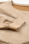 Khaki Piping Trim Long Sleeve Terry Shorts Set-Loungewear-MomFashion