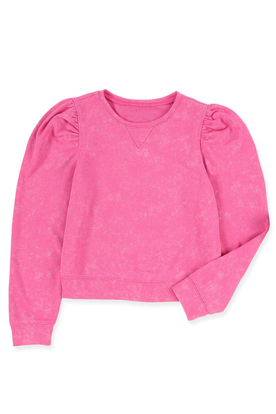 Rose Vintage Washed Puff Sleeve Sweatshirt-Tops-MomFashion