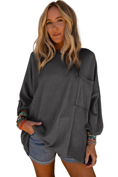 Dark Gray Ribbed Roll-tab Sleeve Chest Pocket Oversize Top-Tops-MomFashion