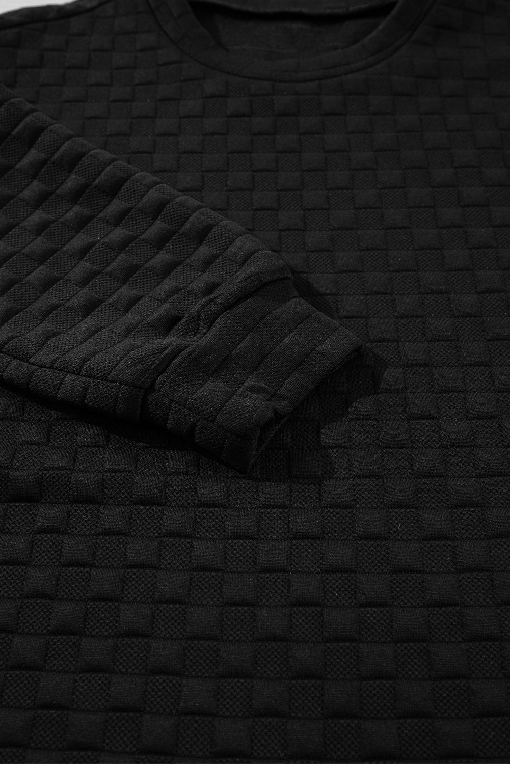 Color black Checkered Textured Split Pullover Top and Pants Set-Two Piece Sets/Pant Sets-MomFashion