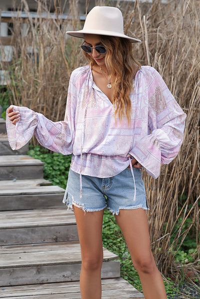 Purple Mixed Print Split Neck Ruffle Bubble Sleeve Blouse-Tops-MomFashion