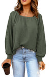 Green Scoop Neck Puff Sleeve Waffle Knit Top-Tops-MomFashion