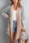 Gray Aztec Print Open Front Knitted Cardigan-Tops-MomFashion