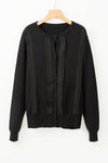 Black Lace Trim Ribbed Round Neck Button Up Cardigan-Tops-MomFashion