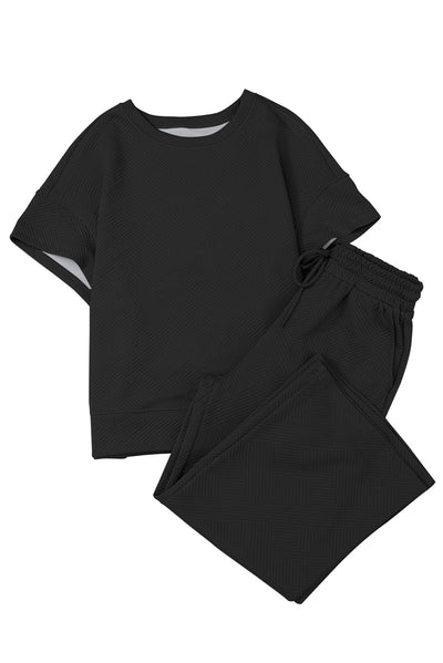 Black Textured Loose Fit T Shirt and Drawstring Pants Set-Loungewear-MomFashion