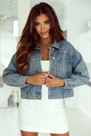 Sky Blue Rivet Studded Pocketed Denim Jacket-Outerwear-MomFashion