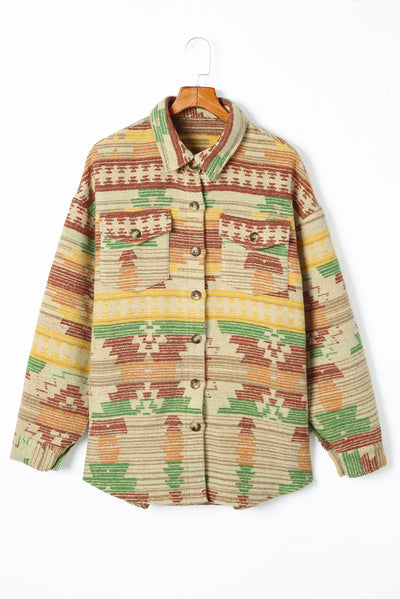 Yellow Western Aztec Print Button Flap Pocket Shacket-Outerwear-MomFashion