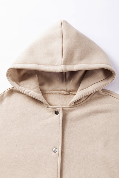 Beige Solid Color Pocketed Button Up Loose Hoodie-Tops-MomFashion